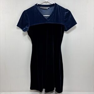 Y2K 90's VTG Maurice's Velour Velvet Dress‎ Size S Blue Short Sleeve V Neck